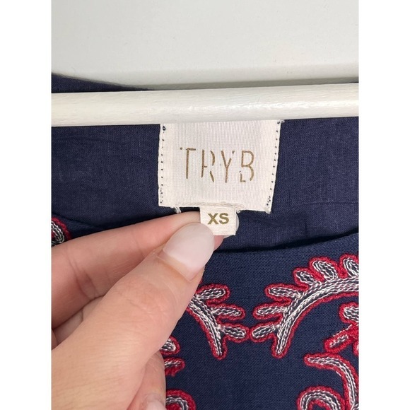 TRYB Floral Embroidery Navy Red Cotton Dress Womens Size XS - Picture 5 of 9